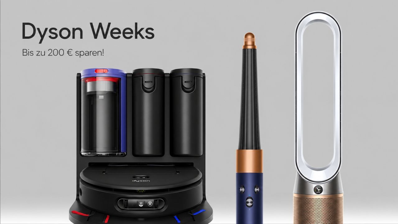 Verschiedene Dyson Produkte wie Akkusauger V16 Piston Animal Submarine, Spot+Scrub AI, Airwrap i.d. und Supersonic Nural sind ausgestellt und befinden sich im Angebot während der Dyson Weeks.